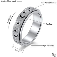 Bague anti-stress rotative en acier inoxydable dépoli motif étoile et lune, vente en gros, style assorti pour couple