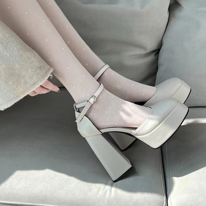 Sandalias de tacón grueso de 12 cm blancas 2025, elegantes zapatos de plataforma Mary Jane, zapatos de mujer modernos, cuñas para exteriores, zapatos de fiesta - Product Image 1