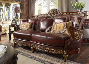 Set Sofa Ruang Tamu Antik Kayu Ukir Mewah Eropa, Kayu Solid Ukiran Italia, Sofa Kulit Asli - Product Image 4