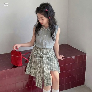 ชุดเสื้อผ้าฤดูร้อนสำหรับเด็กโต กระโปรงลายสก็อต เสื้อโปโลแขนกุดต่อผ้า กระโปรงสั้นผูกเอว สำหรับเด็กโต - Product Image 4