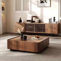 Table basse carrée moderne minimaliste NOVA en bois massif noyer avec 2 tiroirs de rangement, meubles de salon