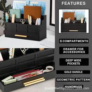 Black Wooden Desktop <b>Organizer</b> With <b>Drawer</b> 6 Compartments Geometric Pattern Storage Box For Office Student Use - Product Image 1