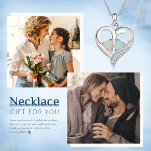 S925 Sterling Silver Rhodium Plated Dainty Double Heart <b>Opal</b> Pendant <b>Necklace</b> CZ Accents Trendy Engagement Wedding Party Jewelry - Product Image 2