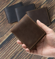 Dompet Lipat Pendek Kulit Sapi Asli Crazy Horse dengan Ukiran Laser untuk Pria, Dompet Kulit Sapi Asli