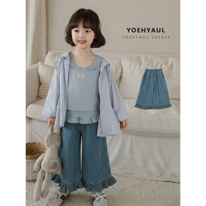 YOEHYAUL X6185 Pantalon en <span class=keywords><strong>jean</strong></span> à jambes larges et volants pour filles, doux, respirant, coupe ample, avec boutons, pour enfants - Product Image 1