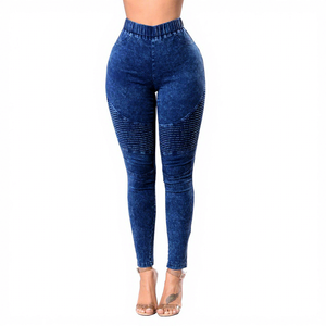 Jean droit taille haute pour <span class=keywords><strong>femme</strong></span>, style motard, en denim côtelé extensible respirant, coupe slim décontractée, délavage clair, longueur cheville - Product Image 5