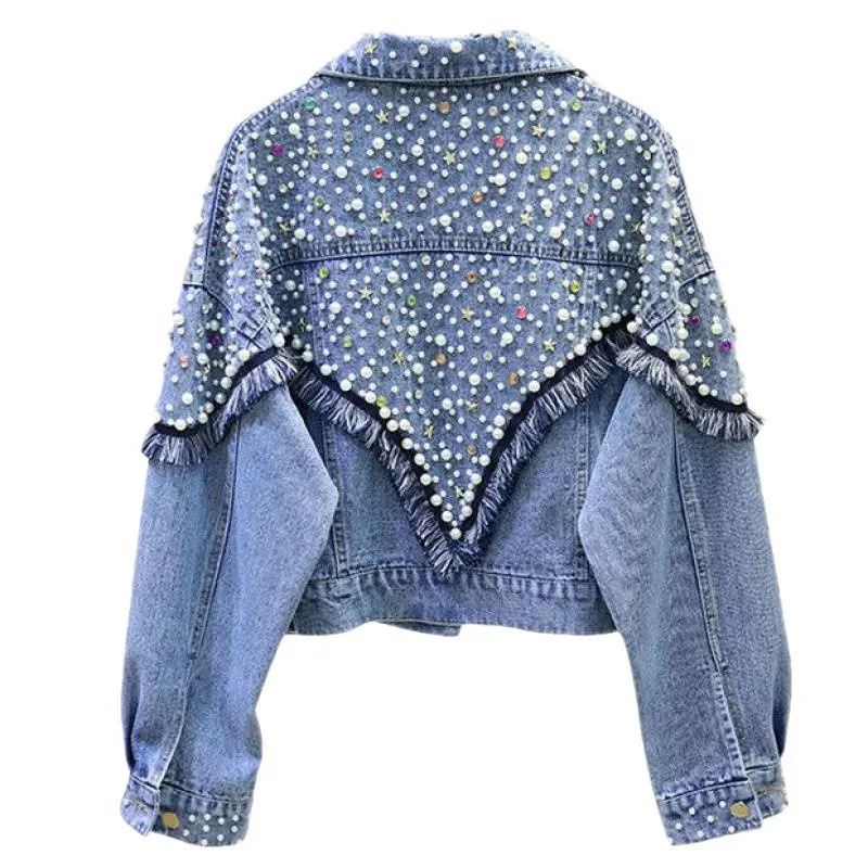 Chaqueta vaquera con tachuelas para mujer, abrigos cortos holgados con perlas, borlas, Punk, otoño