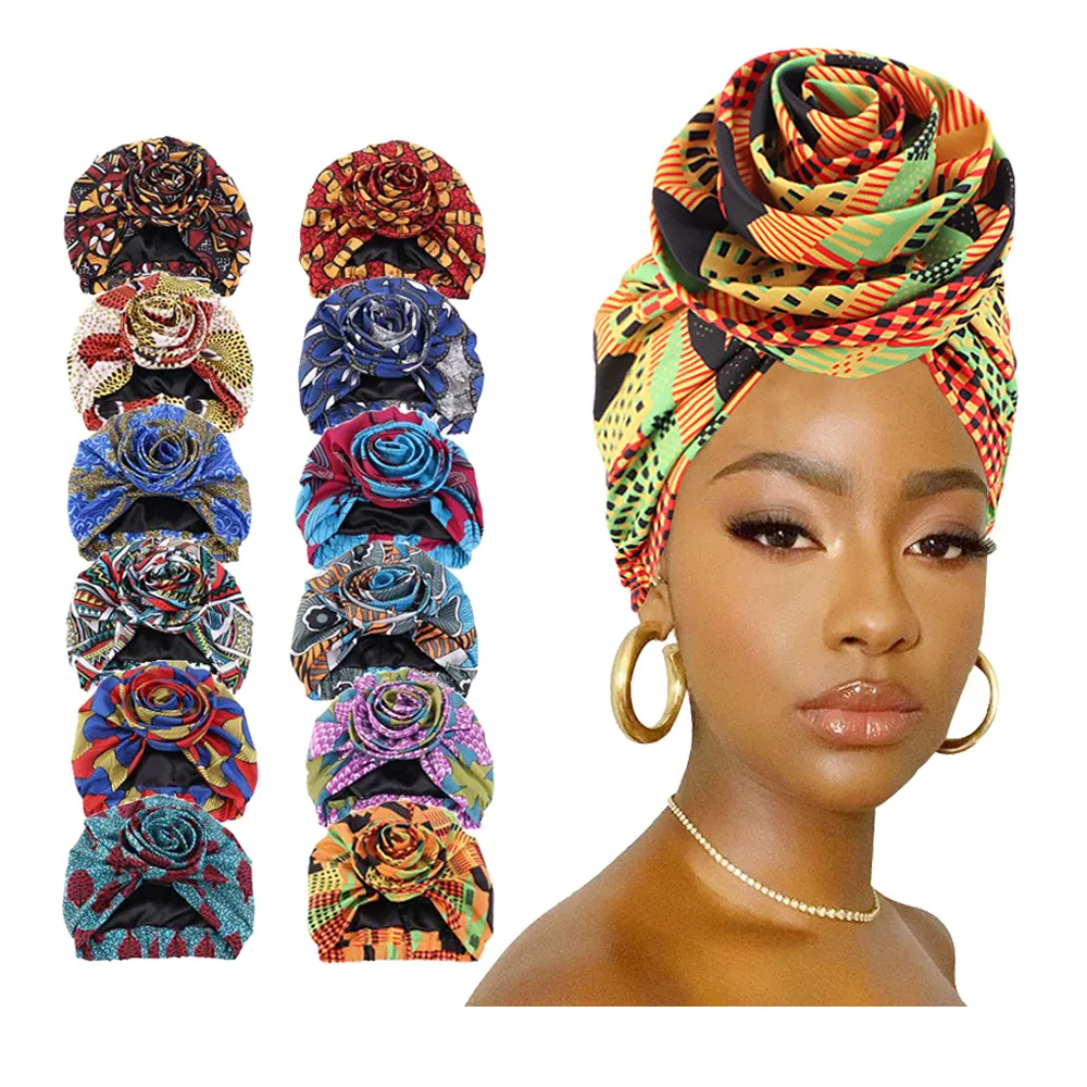 womens satin lining hairwrap african print flower hat cap head bonnets head turbans headwear knot turban hair indian beanie