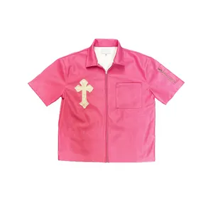 Индивидуальная нашивка оверсайз с коротким рукавом воротником на молнии аппликация вышивка с логотипом винтажная кожаная футболка