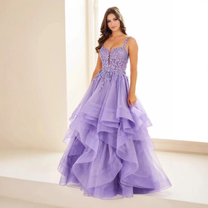 Women's Dark Blue Halter Evening Gown Empire Waist Tiered Ball Gown Formal Dress - Product Image 3
