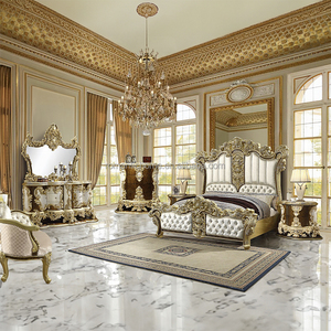 Lit néoclassique élégant doré, lit turc royal en bois sculpté avec coiffeuse pour chambre principale de villa de luxe - Product Image 1