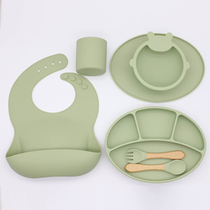 Minimalist Manual Suction Silicone Baby Weaning Tableware Set with Divided Plate Bib Spoon Fork Cup Lid <b>for</b> 6 Months - Product Image 2