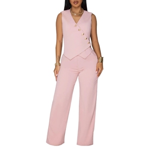 ชุดเซ็ตสองชิ้น เสื้อแขนกุดคอวีติดกระดุมสีพื้นเรียบง่ายและกางเกงขายาวสำหรับผู้หญิงแฟชั่น - Product Image 5