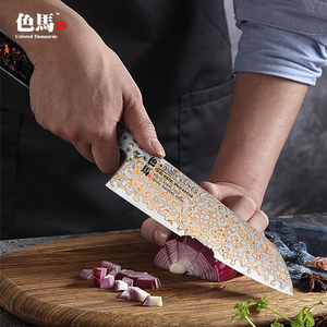 มีดซันโตะกุเหล็กดามัสกัสสี Konoll ขนาด 180 มม. ผลิตในญี่ปุ่น แกนกลาง VG-10 ด้ามจับหรูหราทำจากเขาควายและเรซิ่น มีดทำครัว - Product Image 6