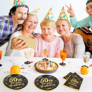 Modern 50th Birthday Party <b>Plates</b> Sustainable Greetings Paper with Gold Stars Design Black 9 Inch <b>Plates</b> - Product Image 5