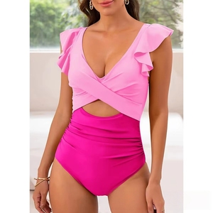 <span class=keywords><strong>Maillot</strong></span> <span class=keywords><strong>de</strong></span> <span class=keywords><strong>bain</strong></span> une pièce sexy pour femme, style européen et américain, dos croisé, taille haute, à volants, couleur unie - Product Image 5