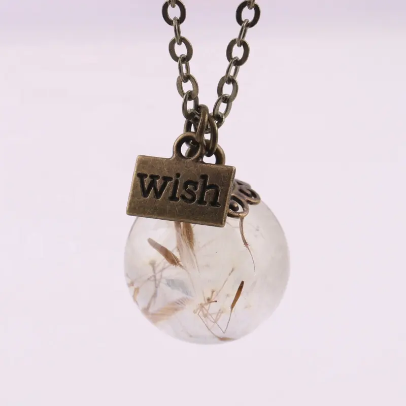 Dandelion Seed Wish Necklace Dried Pressed Dandelion Babysbreath Clover in Resin Ball Pendent Necklace