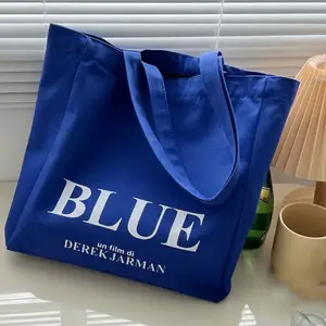 Diseñador de viajes promocional Logotipo personalizado Tamaño de impresión Lavable Durable Azul Tote Algodón Compras Bolsa de lona