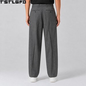 Custom <b>Pinstripe</b> Wool Pants <b>Men</b> Charcoal Grey High Waisted Double Pleat Wide Leg Smart Tailored Dress <b>Trousers</b> Wholesale Bulk - Product Image 2