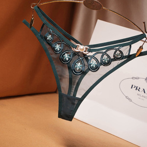 Tanga de malla Sexy para mujer, calzoncillos de seducción de perlas de lujo con bordado Floral, lencería calada de cintura baja para mujer - Product Image 1