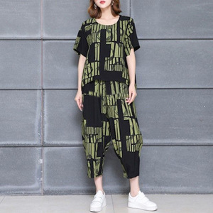 Women's Summer Casual Two Piece Set Loose T Shirt Cropped Harem Pants Artistic Print Plus Size Yellow Green Polyester - Product Image 3