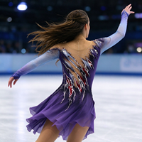 Robe de danse patinage violette à manches longues en maille nude, rayée et ornée de strass, pour enfants et adultes, pour compétition et performance