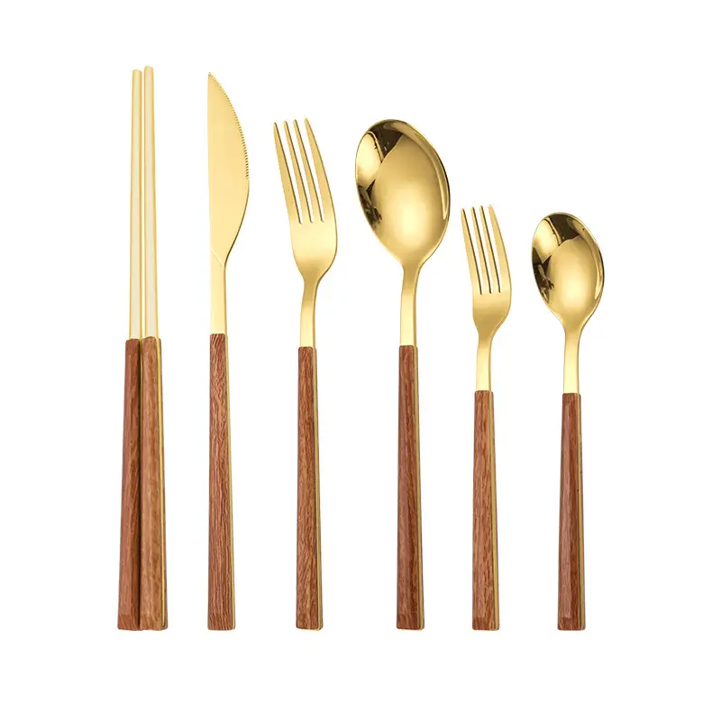 BLH Stainless Steel Tableware Knives Forks Spoons Chopsticks Gift Box Tableware Set Wood Handle Four Piece Set Gold