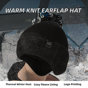 Wholesale <b>Winter</b> Warm Thermal Wool Blend Knitted Fleece Lined Unisex Sublimation Transfer Print Earflap Beanie <b>Hat</b> - Product Image 2