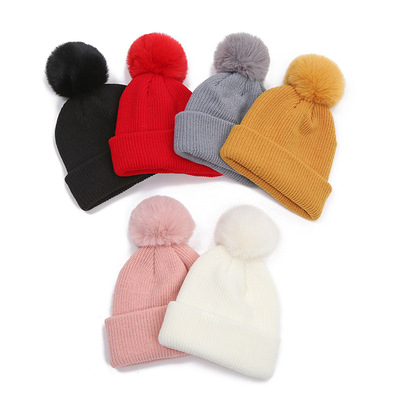 Topi Rajut Anak-anak, Topi Beanie dengan Pom Musim Dingin, Topi Rajut Warna Polos Hangat Tepi Melengkung Wol Bulu Kelinci