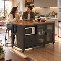 Meuble de cuisine pour micro-ondes avec îlot central, rangement, chariot en acier, tiroir, portes côtelées, dessus imitation bois, étagère ouverte et roulettes verrouillables