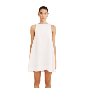 Robe Courte Blanche en Lin pour Femme, Style Français Ample et Décontracté, Élégante, Minimaliste, Polyvalente, Unie, Respirante, Taille Naturelle, Coupe Trapèze, ODM - Product Image 1