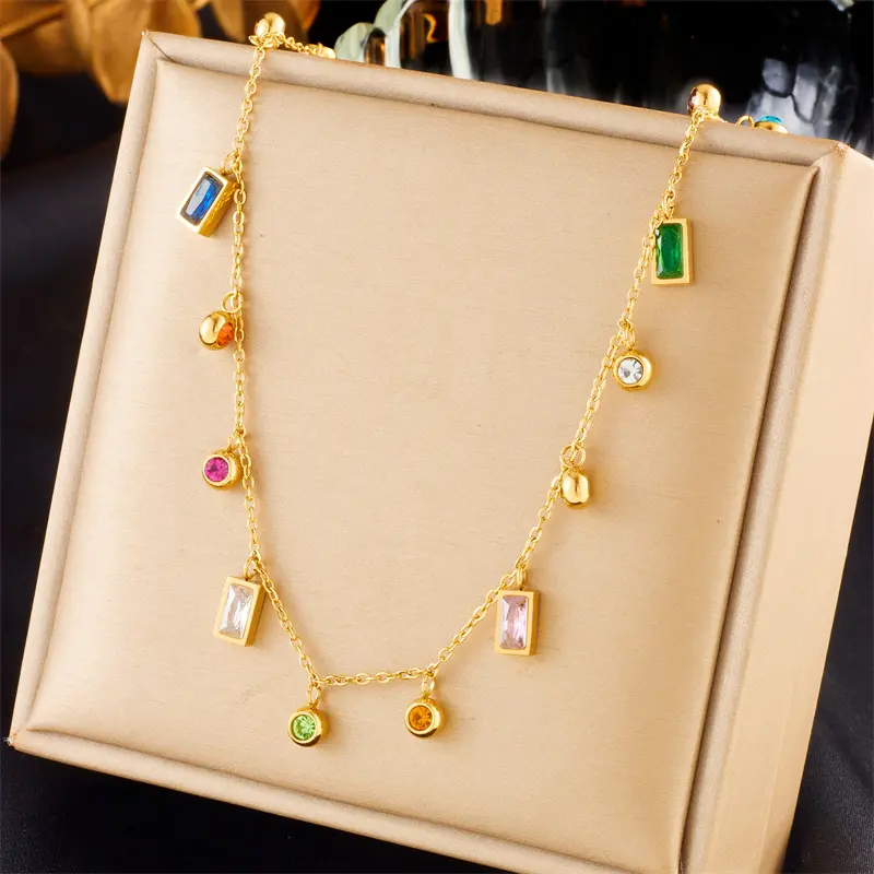 2024 New Arrival 18k Gold Plated Stainless Steel Colorful Zircons Charm Necklace Fashion Jewelry Tarnish Free Necklace Women