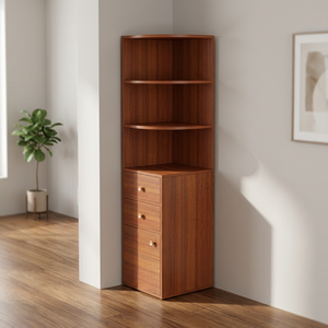 Modern Teak Wood <b>Corner</b> Bookcase Quarter Circle Open Shelves 3 Drawer <b>Cabinet</b> Storage Unit - Product Image 2