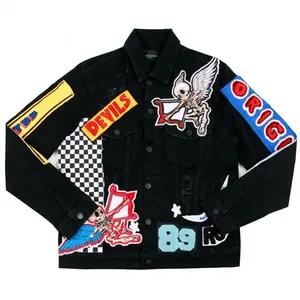 Streetwear Customize Your Own Brand Logo Design Patch Embroidered Black Denim Jacket