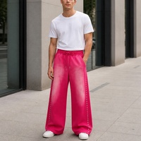 Pantalon de survêtement rose pour homme, coupe large, avec rivets cloutés, délavage délavé, cordon de serrage, taille élastique, 100% coton tricoté, décontracté, automne