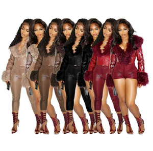 Nieuwe collectie S-2XL 2025 Winter Kunstleren bont 2-delige slangprint broekset dames - Product Image 1