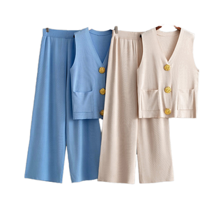 Conjunto de moda de verano informal para mujer, chaleco de botón de punto transpirable y pantalones de pierna ancha con patrón sólido, combinación perfecta - Product Image 1