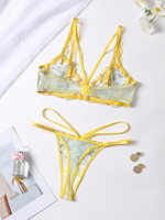 Ensemble soutien-gorge et culotte 2 pièces en maille transparente à fleurs jaunes pour femmes, de haute qualité, fourni par l'usine, écologique, contrôle de la lumière, armatures push-up