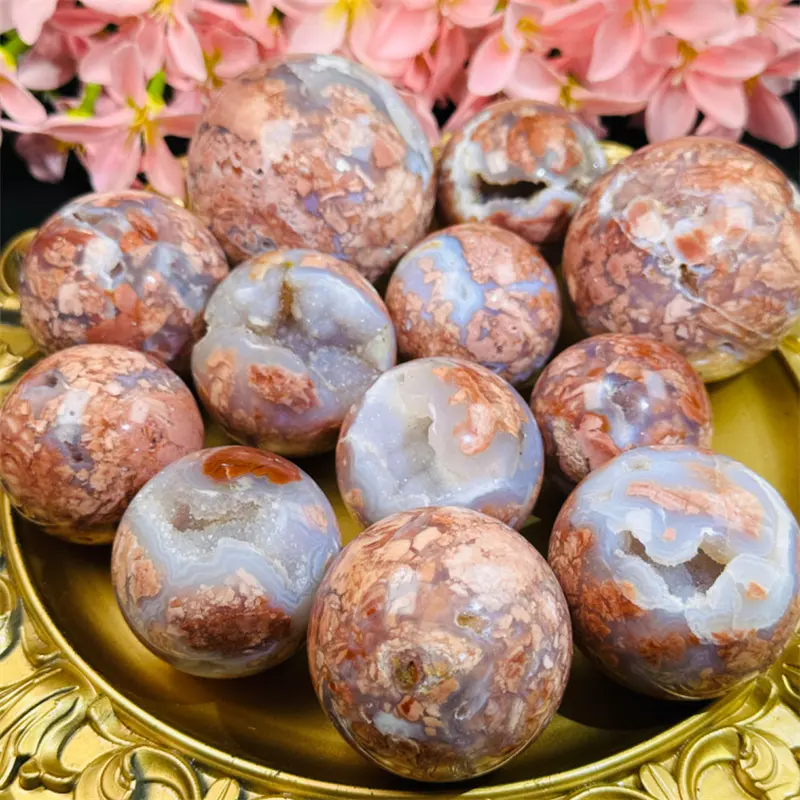 high quality crystal sphere cherry blossom flower pink agate sphere for sale