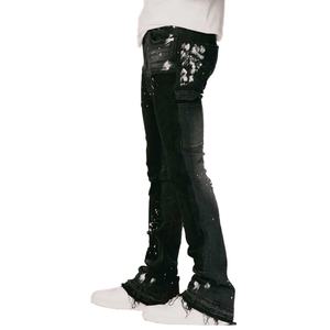 Jeans évasés vintage noirs à effet éclaboussures de peinture en denim personnalisés en gros pour hommes - Product Image 5