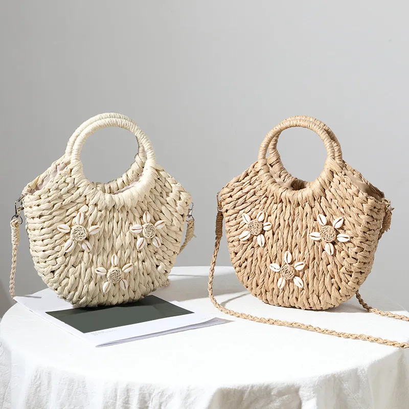 Circle handles half moon straw bag summer handmade bags straw woven beach crossbody shoulder bag