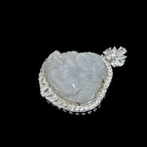 Pendentif <span class=keywords><strong>Bouddha</strong></span> rieur en jadéite birmane naturelle de qualité A, glacé et hautement transparent, serti de zircon en <span class=keywords><strong>argent</strong></span> sterling 925. - Product Image 2