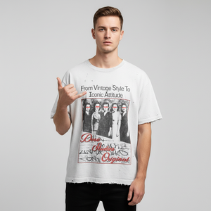T-Shirt da <span class=keywords><strong>Uomo</strong></span> Personalizzata OEM, Bianca, Stampa DTG, Cotone Lavato Vintage 220 Grammi, Manica Corta, Effetto Strappato e Invecchiato - Product Image 4