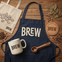 Kit de Marchandises Personnalisées pour Café - Tablier en Denim pour Barista, Tasse en Céramique, Sac en Toile, Ensemble Cadeau avec Logo