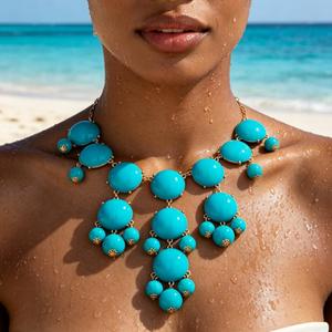 Collana Statement in Metallo Dorato con Perle a Bolle Blu <span class=keywords><strong>Cielo</strong></span> e Perle Rotonde Lucide in Resina, <span class=keywords><strong>Gioielli</strong></span> di Moda OEM/ODM - Product Image 1