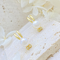 Boucles d'oreilles tendance en cuivre plaqué or 18 carats avec perles d'eau douce naturelles et nœud en CZ, motif lapin, bijoux fantaisie mignons, cadeau de Pâques