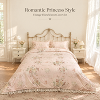 Parure de lit Princesse 100% Coton 3 pièces avec housse de couette à volants et dentelle, imprimé floral réactif rose pour chambre à coucher