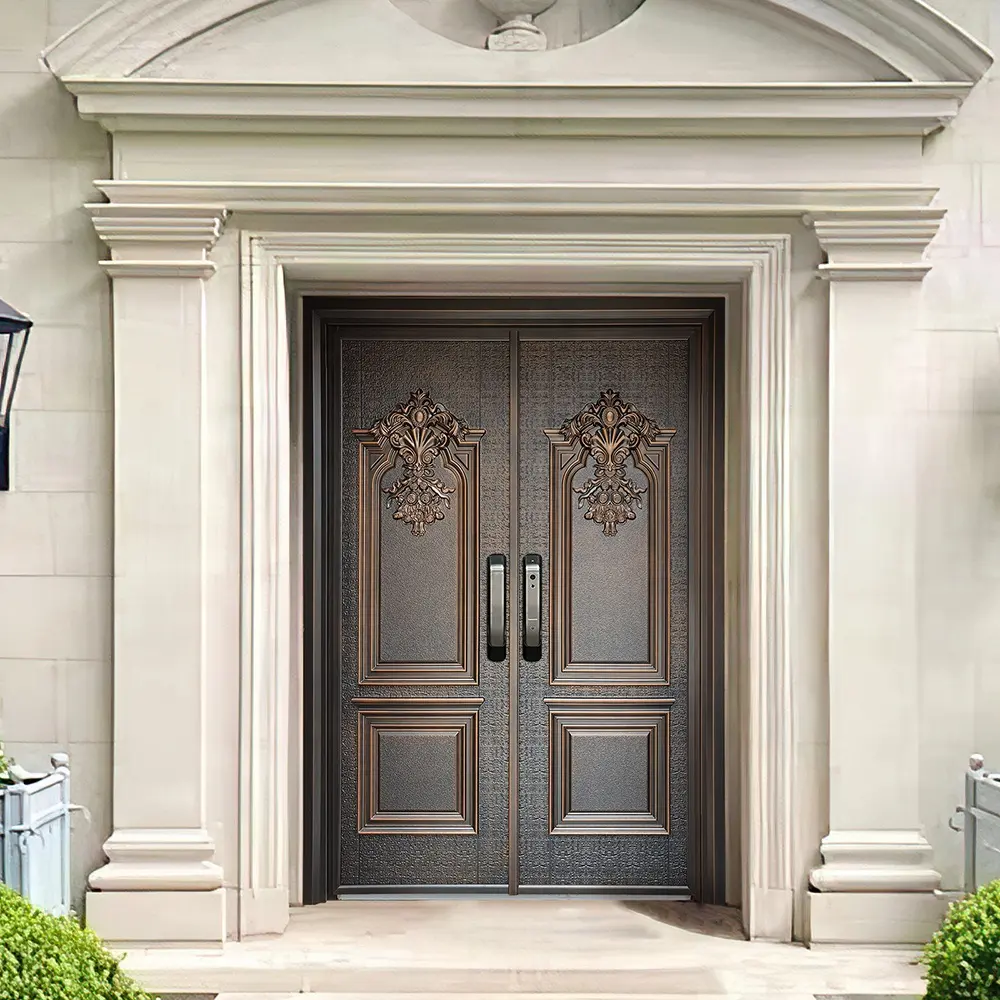 Portes d'entrée extérieures pare-balles en acier aluminium de style français pour les maisons