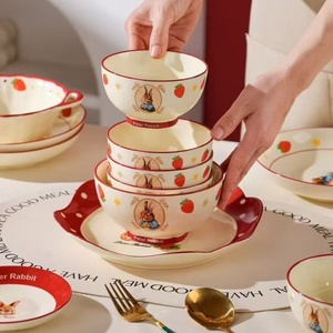 Ensemble de bol en céramique mignon fraise lapin grande assiette de poisson Double oreille bol de nouilles instantanées Internet célébrité vaisselle domestique - Product Image 2
