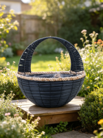 Pot suspendu bleu marine en ciment avec grande poignée incurvée, bord en corde beige, style américain, sculpté à la main, pour intérieur/extérieur